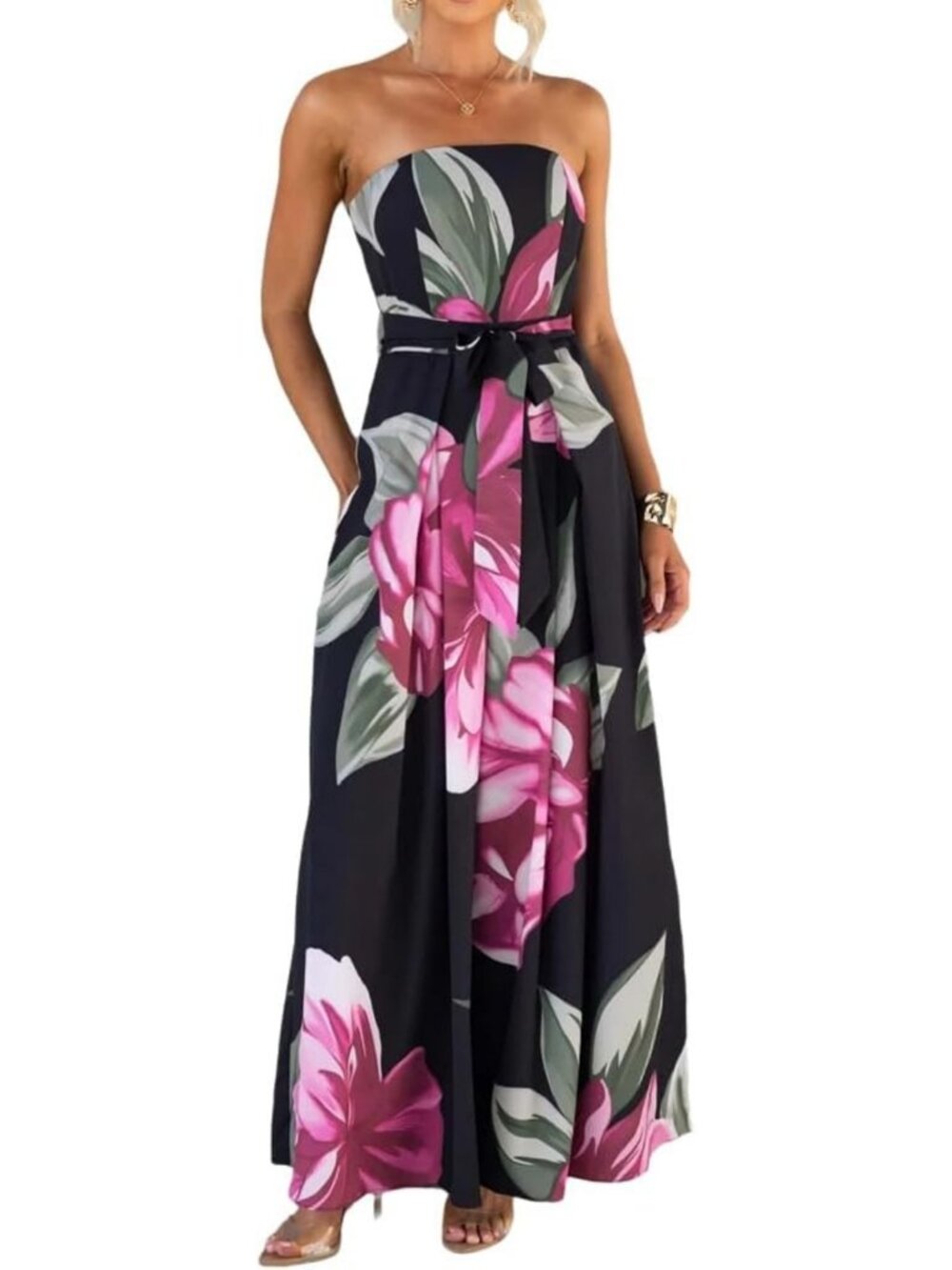 Floral Print Off Shoulder Jumpsuit for Women | Wide Leg Pants & Matching Belt